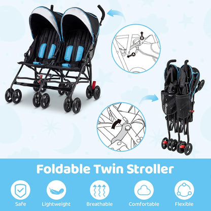 Double Umbrella Stroller, Side by Side Infant Lightweight Stroller, Quick Fold Compact for Travel, Cup Holder, Storage Bag, Folding Twin Stroller Newborn and Toddler(Blue)
