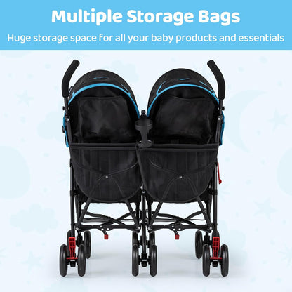 Double Umbrella Stroller, Side by Side Infant Lightweight Stroller, Quick Fold Compact for Travel, Cup Holder, Storage Bag, Folding Twin Stroller Newborn and Toddler(Blue)