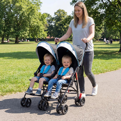 Double Umbrella Stroller, Side by Side Infant Lightweight Stroller, Quick Fold Compact for Travel, Cup Holder, Storage Bag, Folding Twin Stroller Newborn and Toddler(Blue)