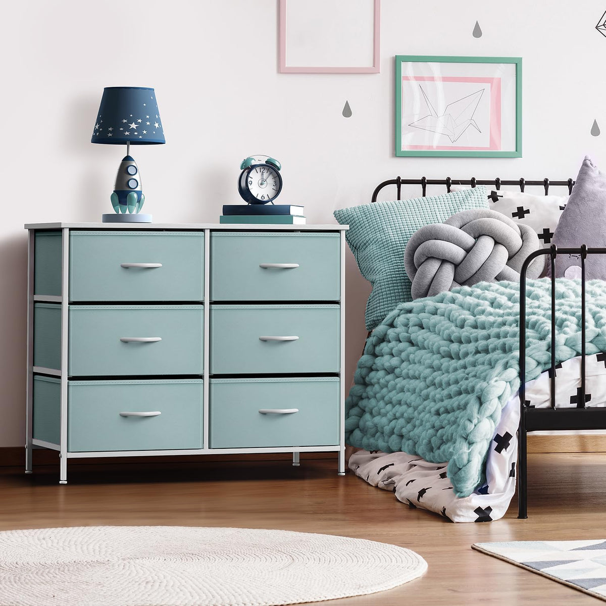 Dresser with 6 Fabric Drawers & Wood Top (Purple)