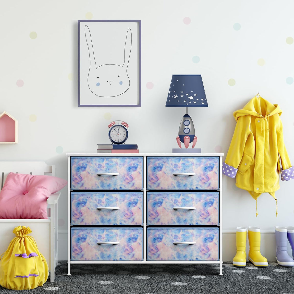 Dresser with 6 Fabric Drawers & Wood Top (Purple)