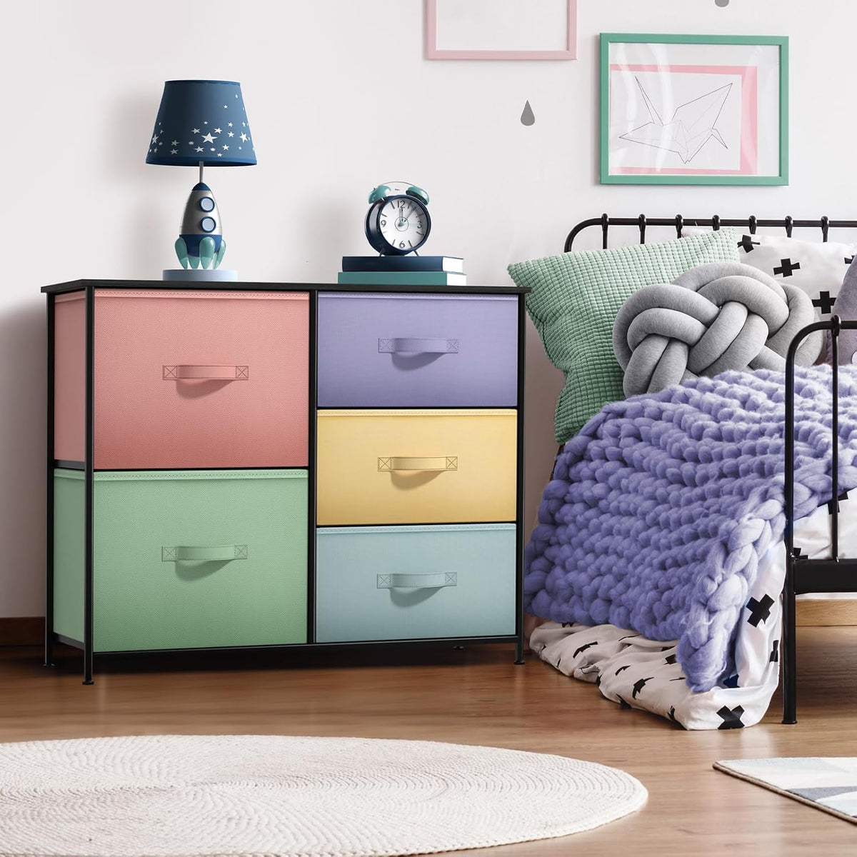 Dresser with 6 Fabric Drawers & Wood Top (Purple)
