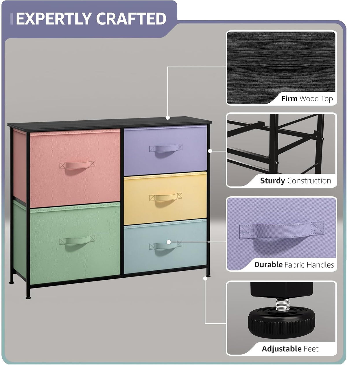 Dresser with 6 Fabric Drawers & Wood Top (Purple)