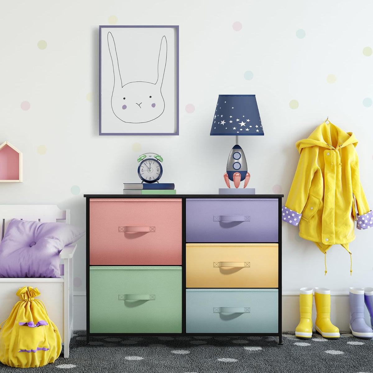 Dresser with 6 Fabric Drawers & Wood Top (Purple)