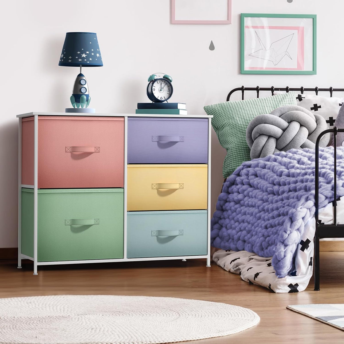 Dresser with 6 Fabric Drawers & Wood Top (Purple)