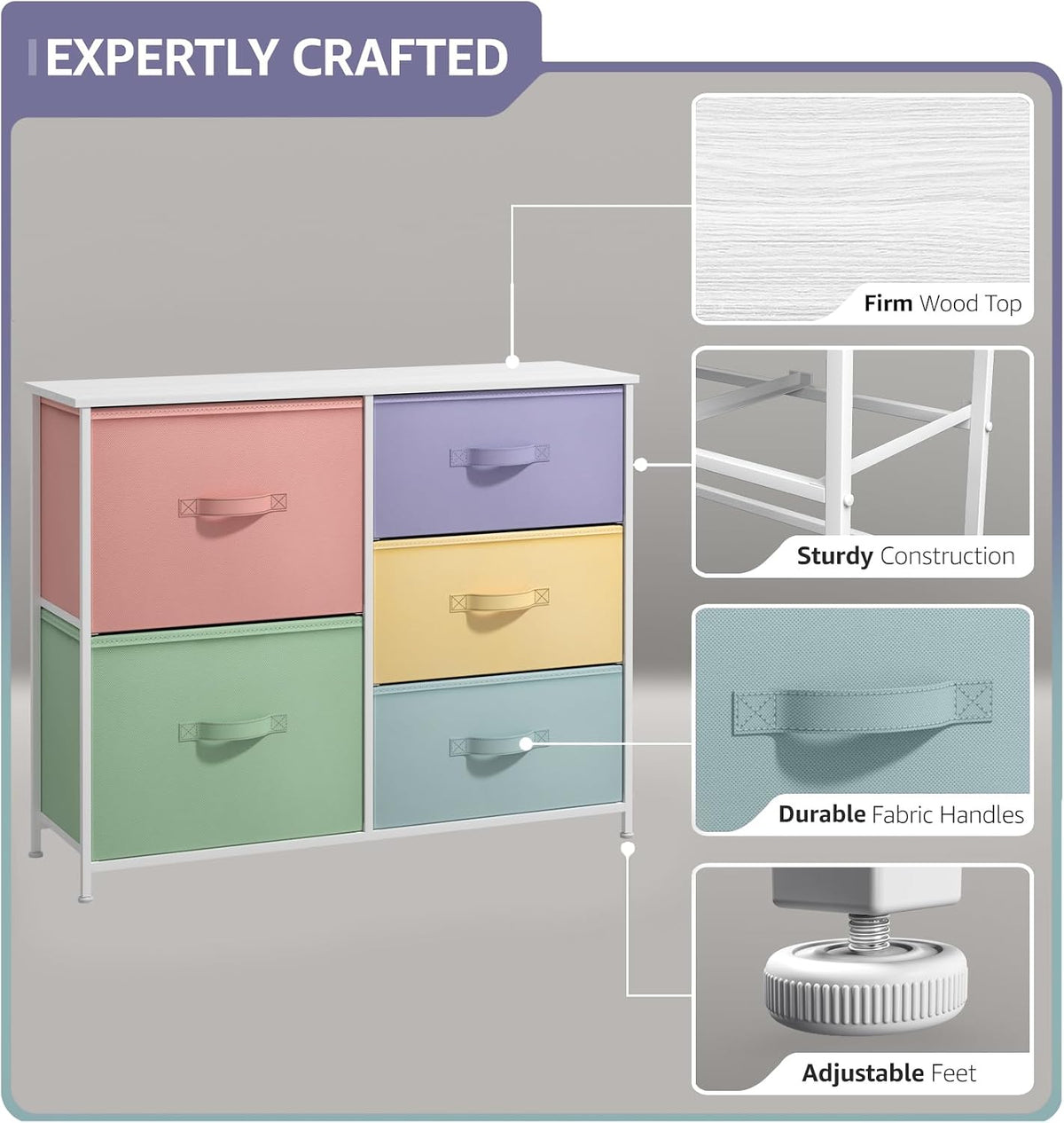 Dresser with 6 Fabric Drawers & Wood Top (Purple)