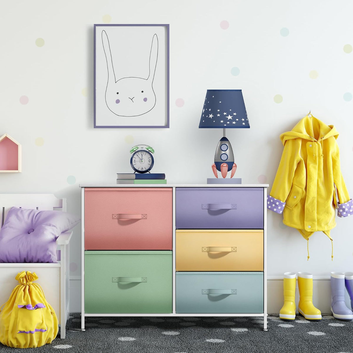 Dresser with 6 Fabric Drawers & Wood Top (Purple)