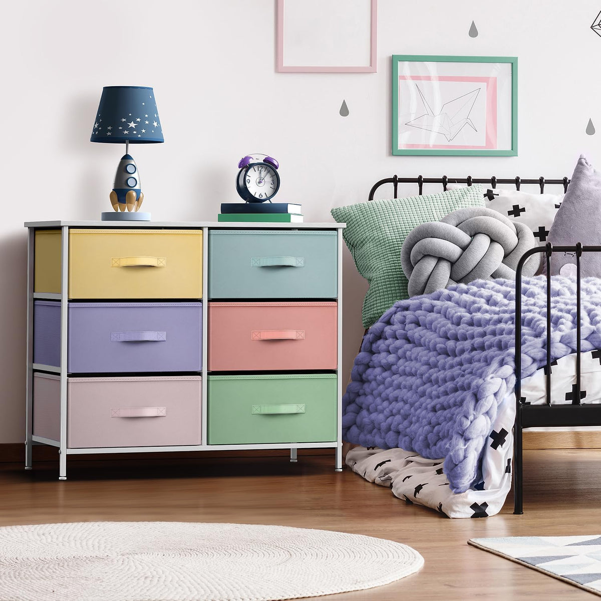 Dresser with 6 Fabric Drawers & Wood Top (Purple)