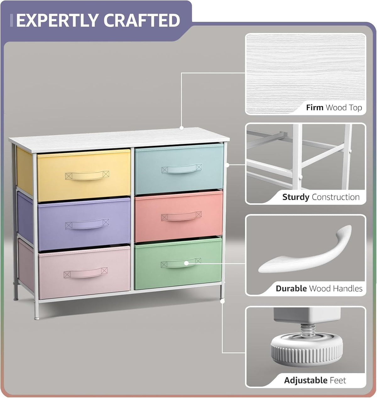 Dresser with 6 Fabric Drawers & Wood Top (Purple)