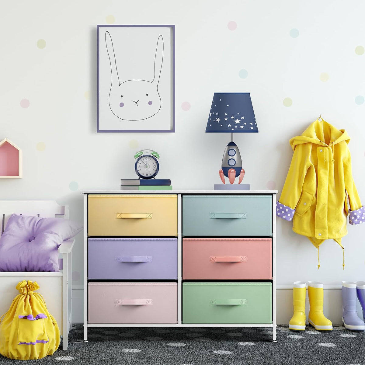 Dresser with 6 Fabric Drawers & Wood Top (Purple)
