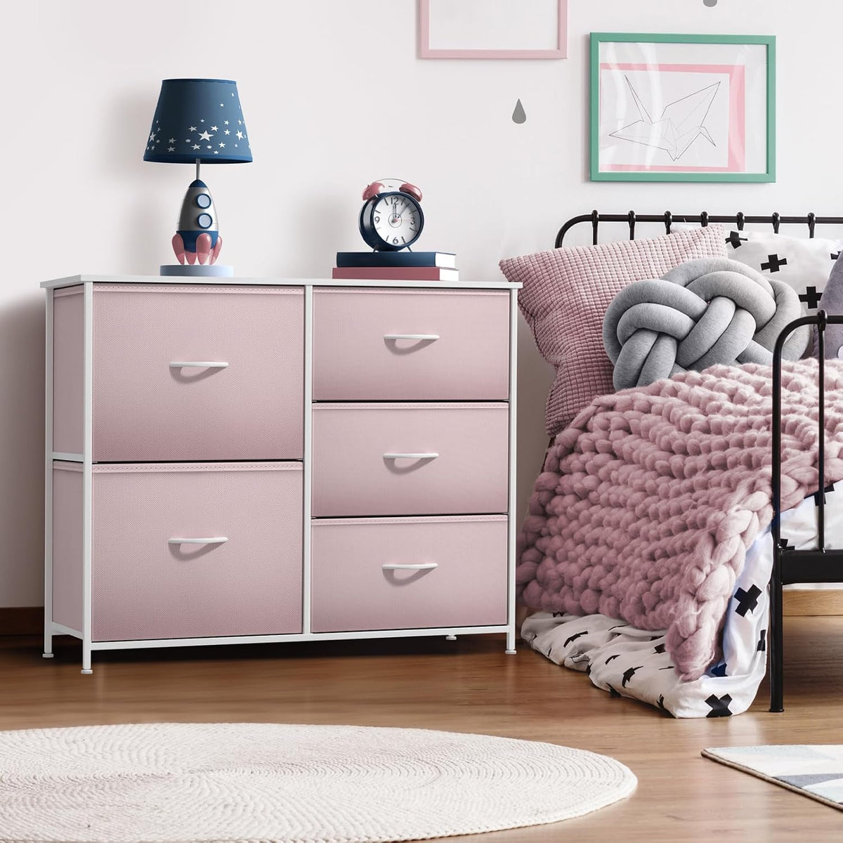 Dresser with 6 Fabric Drawers & Wood Top (Purple)
