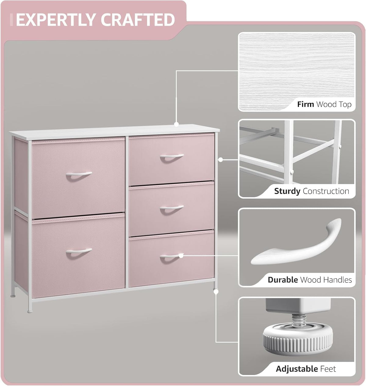 Dresser with 6 Fabric Drawers & Wood Top (Purple)