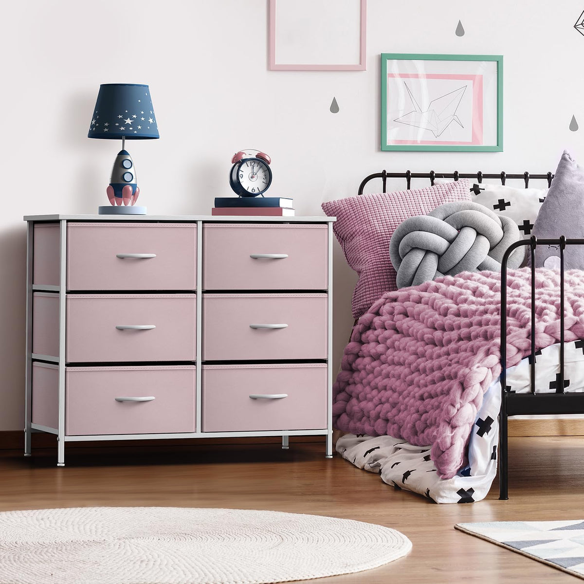 Dresser with 6 Fabric Drawers & Wood Top (Purple)