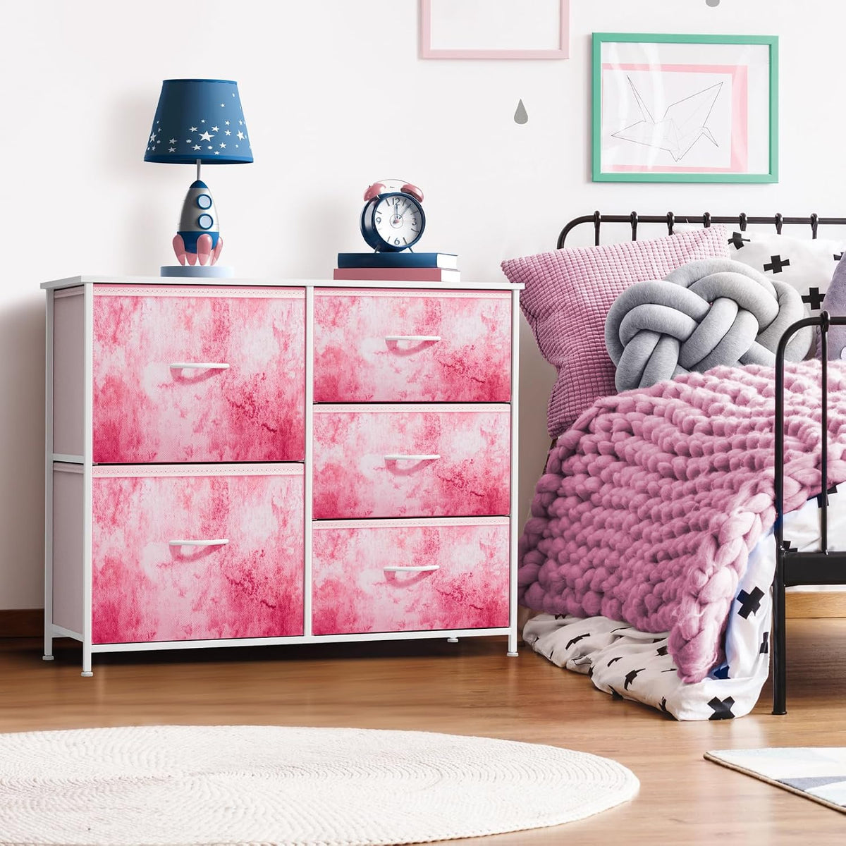Dresser with 6 Fabric Drawers & Wood Top (Purple)