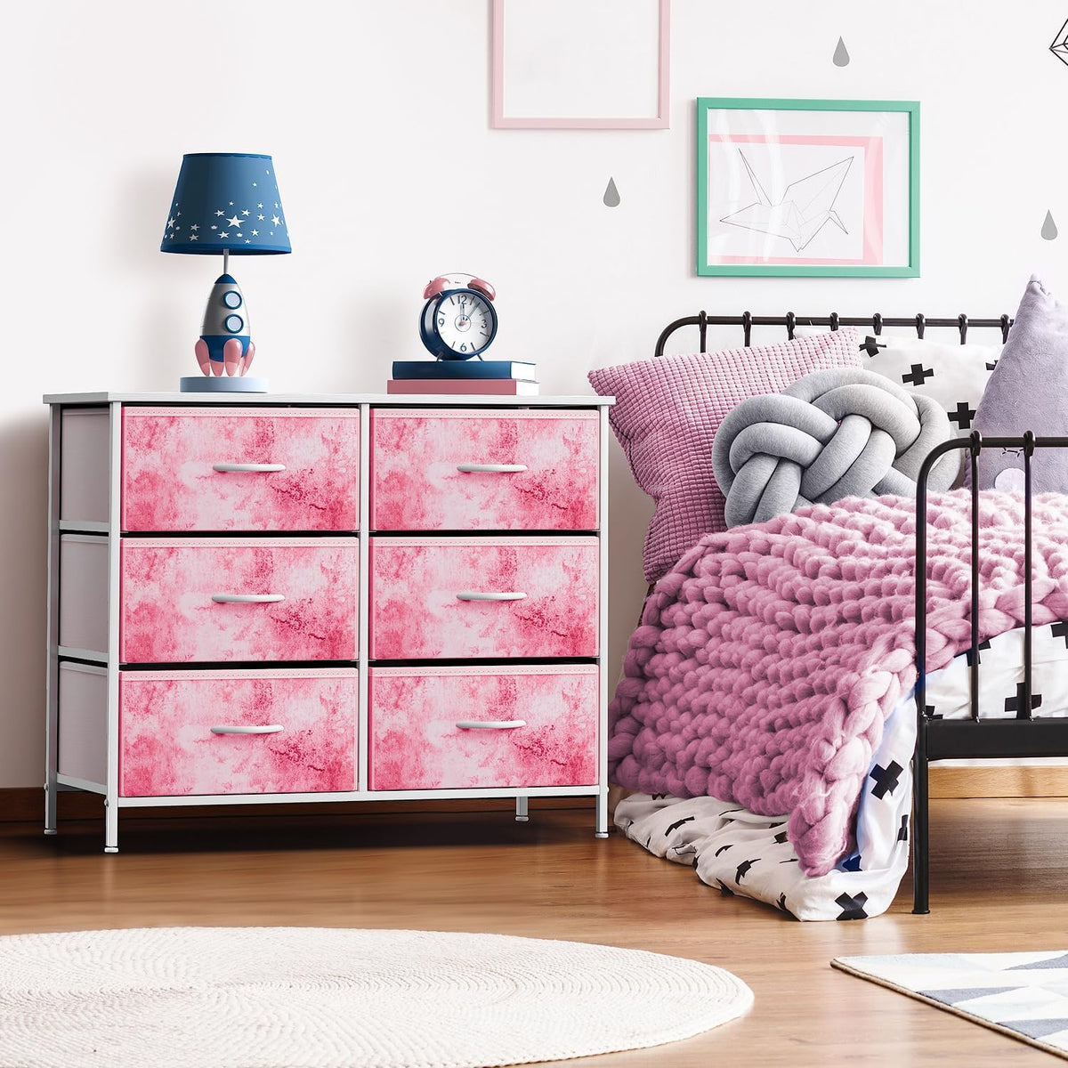 Dresser with 6 Fabric Drawers & Wood Top (Purple)