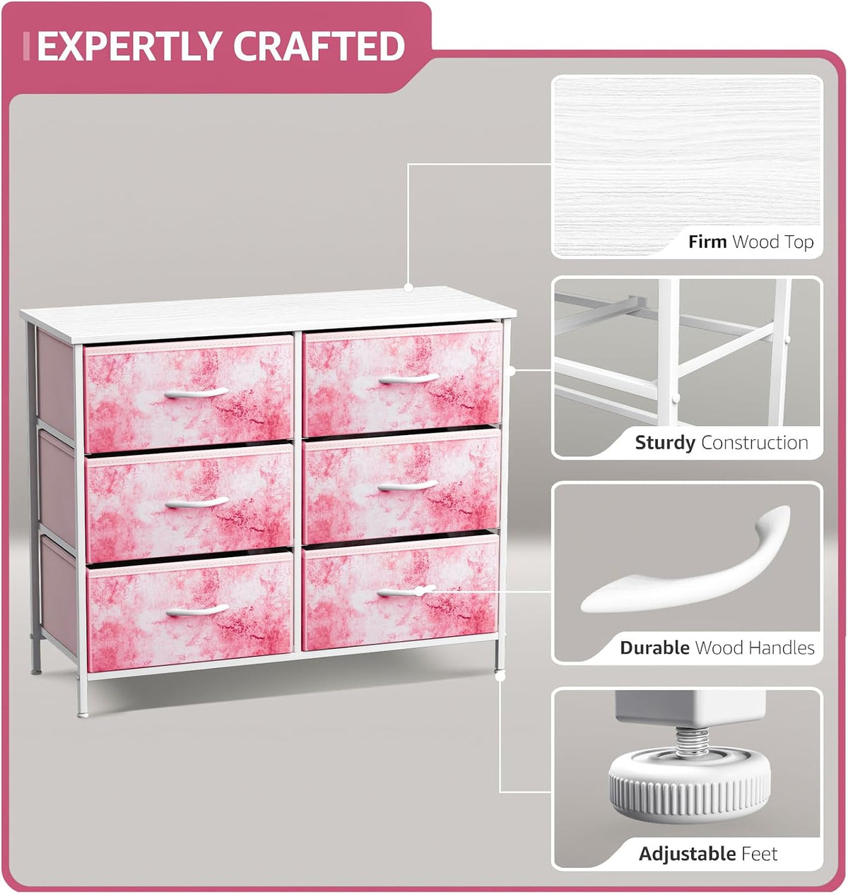 Dresser with 6 Fabric Drawers & Wood Top (Purple)