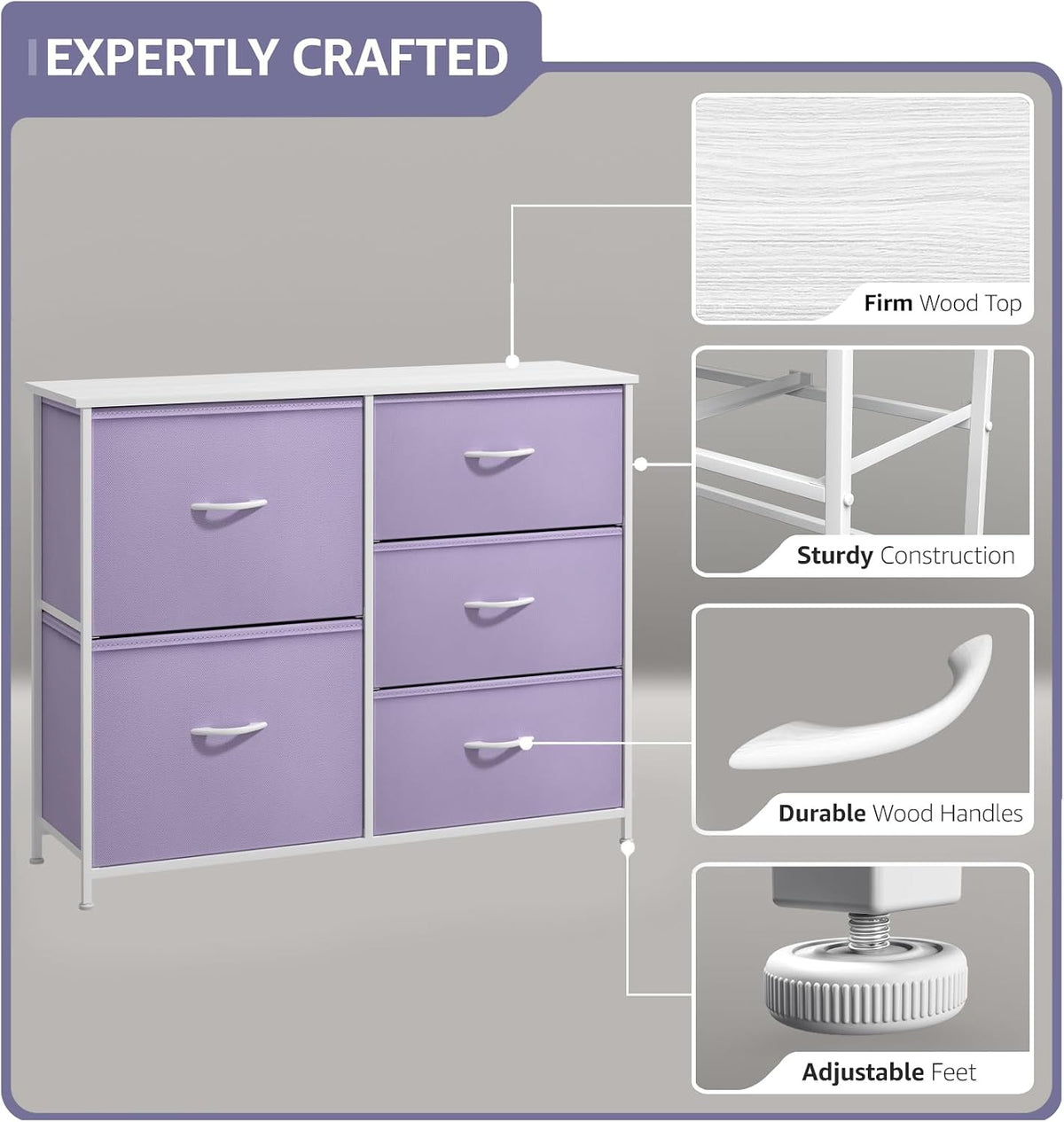 Dresser with 6 Fabric Drawers & Wood Top (Purple)
