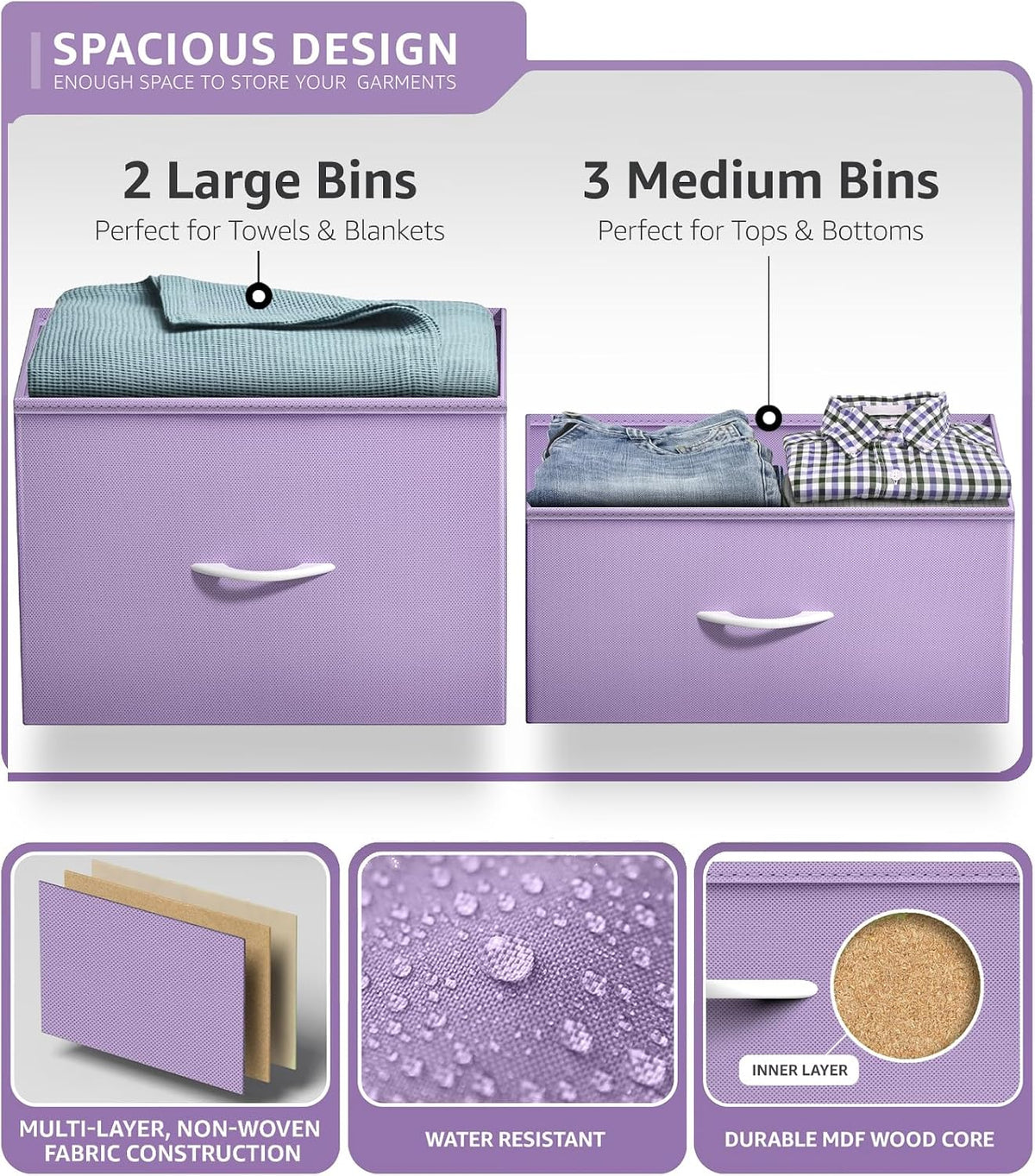 Dresser with 6 Fabric Drawers & Wood Top (Purple)