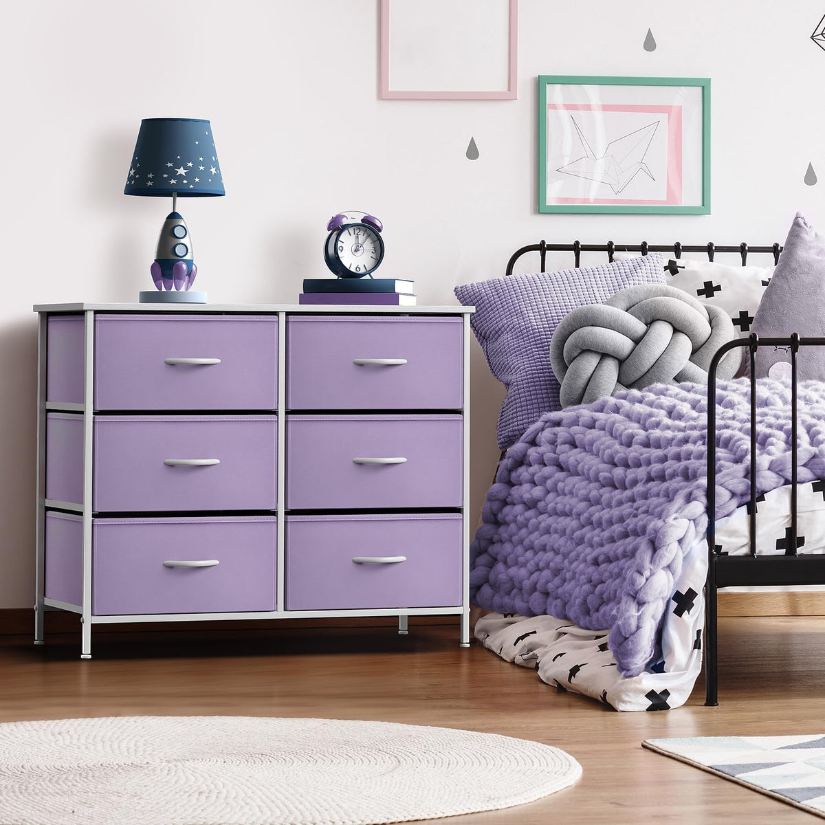 Dresser with 6 Fabric Drawers & Wood Top (Purple)