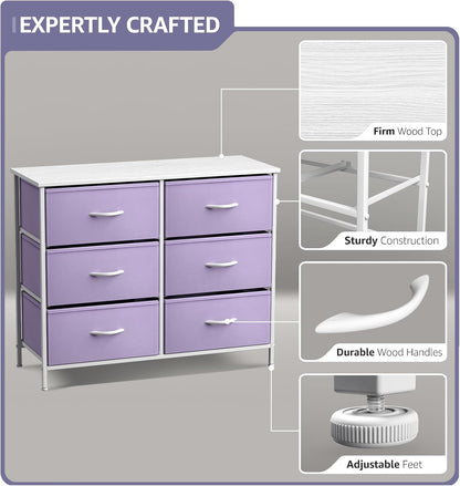 Dresser with 6 Fabric Drawers & Wood Top (Purple)