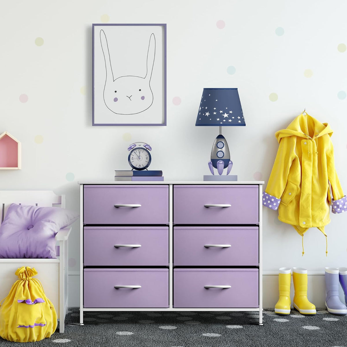 Dresser with 6 Fabric Drawers & Wood Top (Purple)