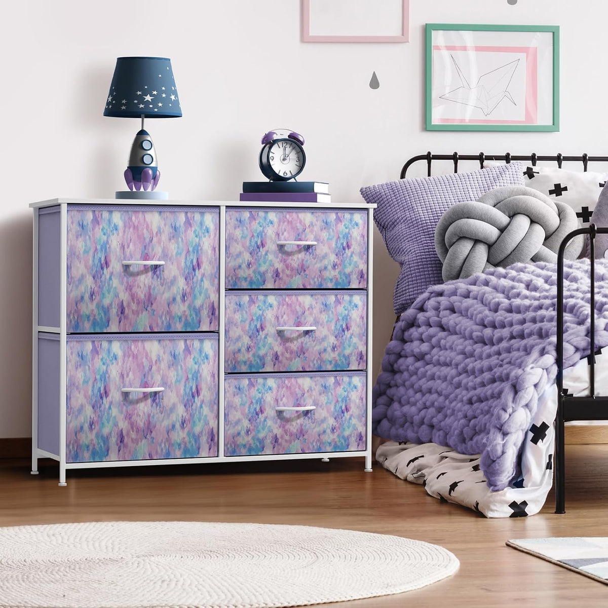 Dresser with 6 Fabric Drawers & Wood Top (Purple)