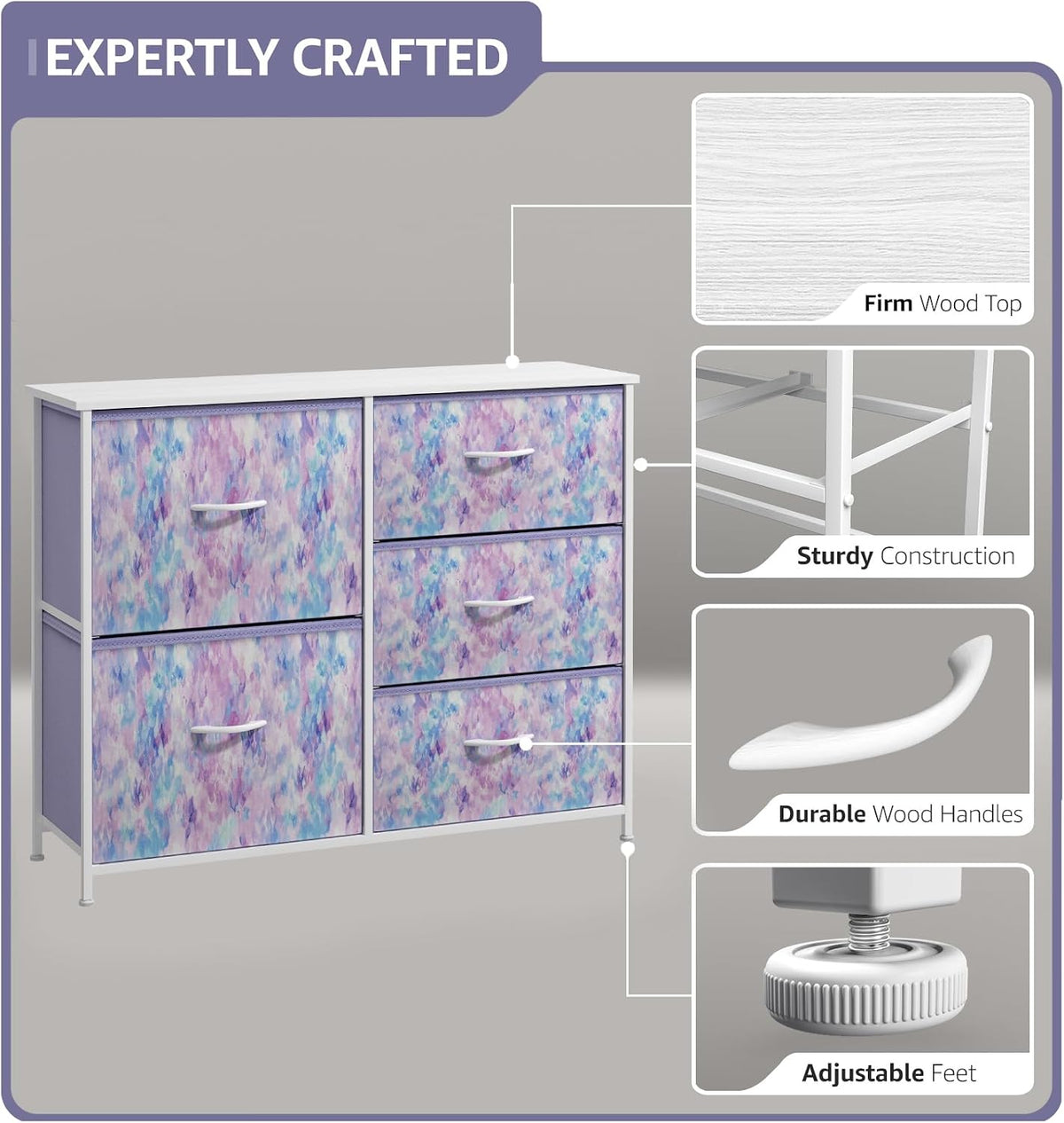 Dresser with 6 Fabric Drawers & Wood Top (Purple)