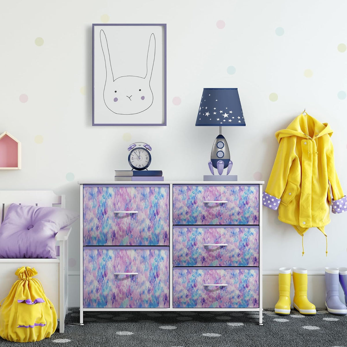 Dresser with 6 Fabric Drawers & Wood Top (Purple)