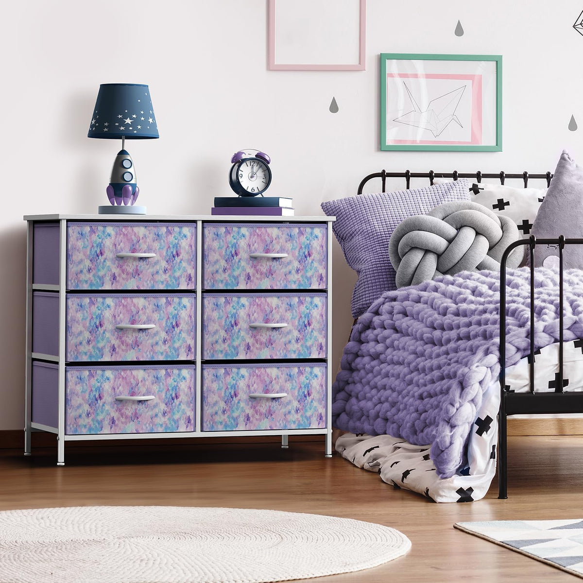 Dresser with 6 Fabric Drawers & Wood Top (Purple)