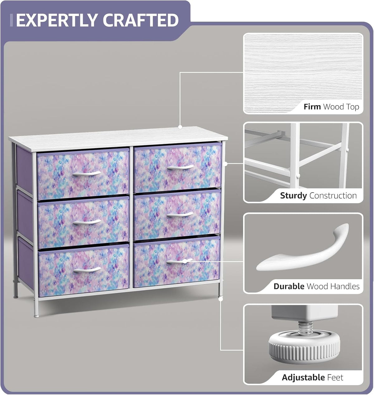 Dresser with 6 Fabric Drawers & Wood Top (Purple)