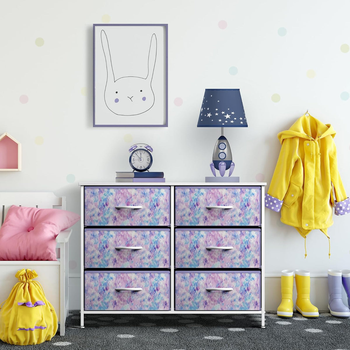 Dresser with 6 Fabric Drawers & Wood Top (Purple)