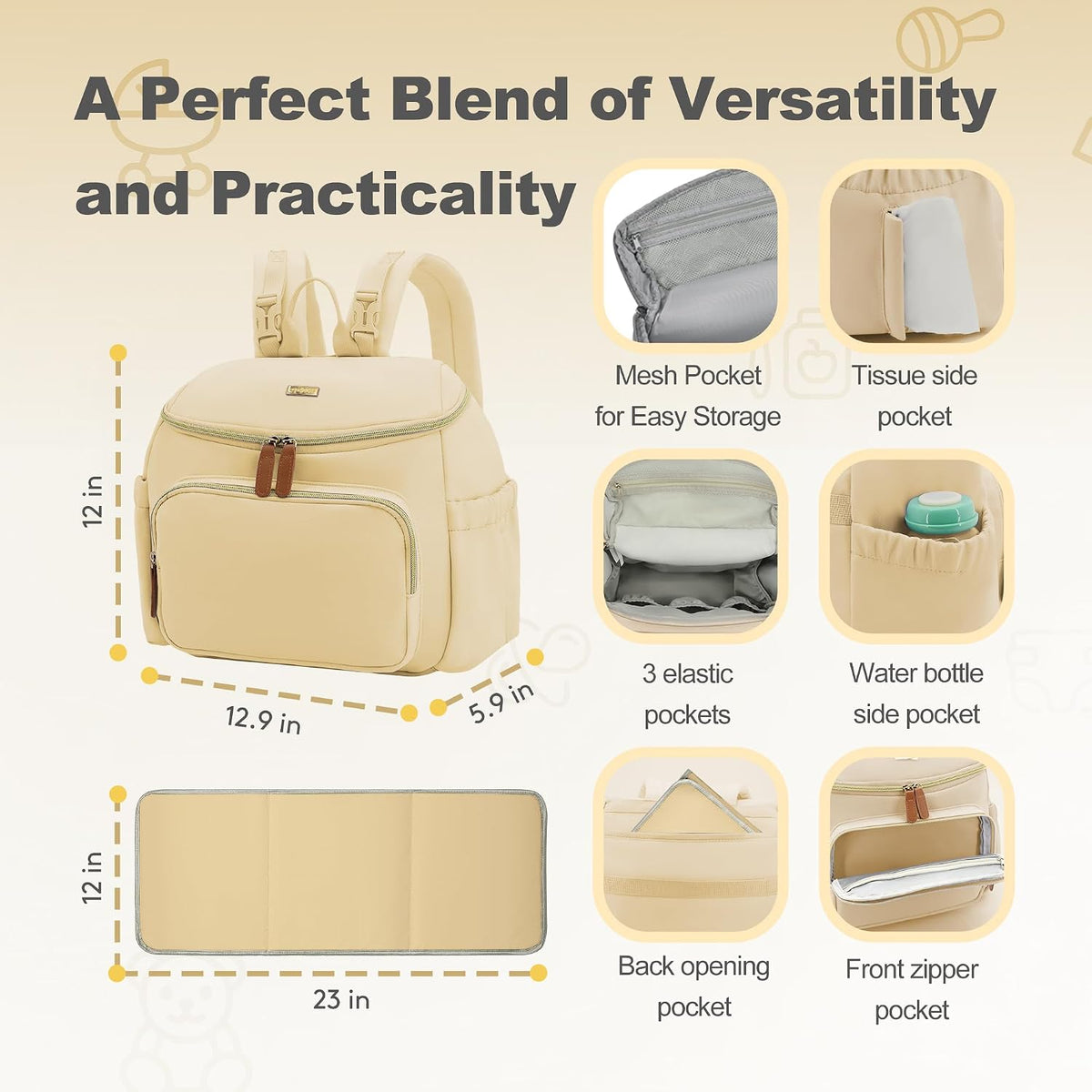Compact Diaper Bag Backpack – Lightweight & Waterproof Baby Bag for Moms & Dads, Includes Changing Pad & Stroller Straps, Small Travel Diaper Backpack for Daily Use –Khaki
