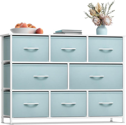 Wide 8-Drawer Dresser, Wood Top & Fabric Drawers (Blue)