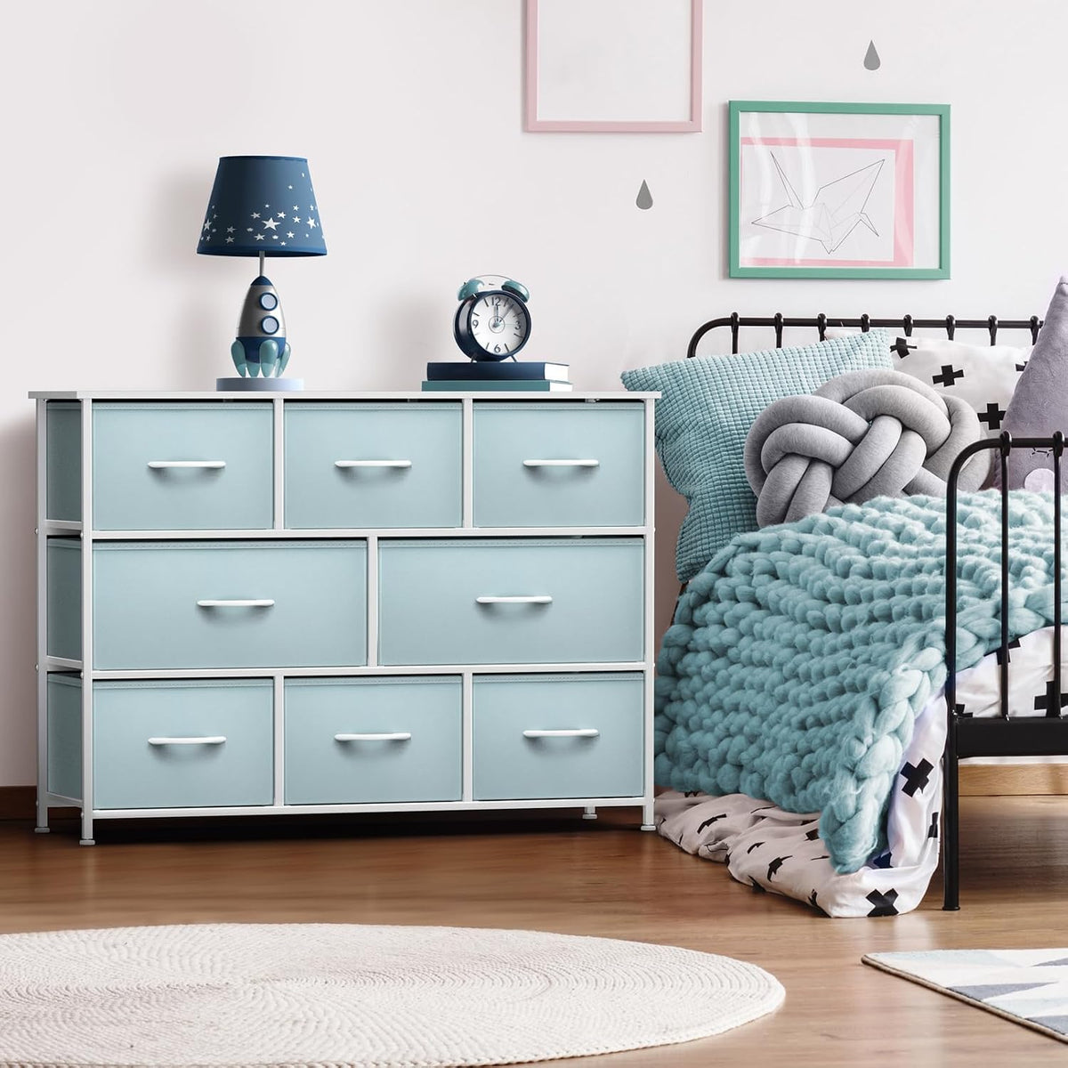 Wide 8-Drawer Dresser, Wood Top & Fabric Drawers (Blue)
