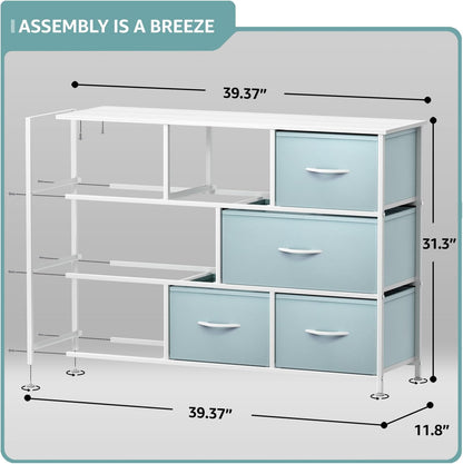 Wide 8-Drawer Dresser, Wood Top & Fabric Drawers (Blue)
