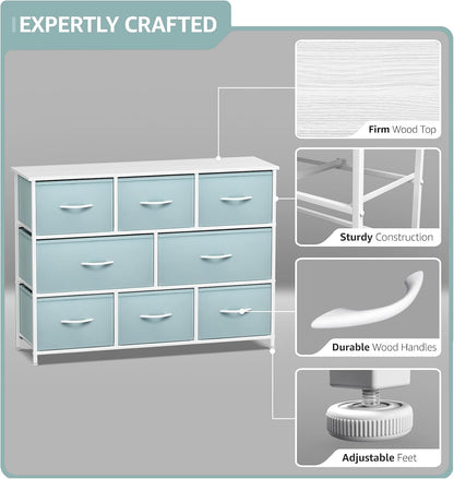 Wide 8-Drawer Dresser, Wood Top & Fabric Drawers (Blue)