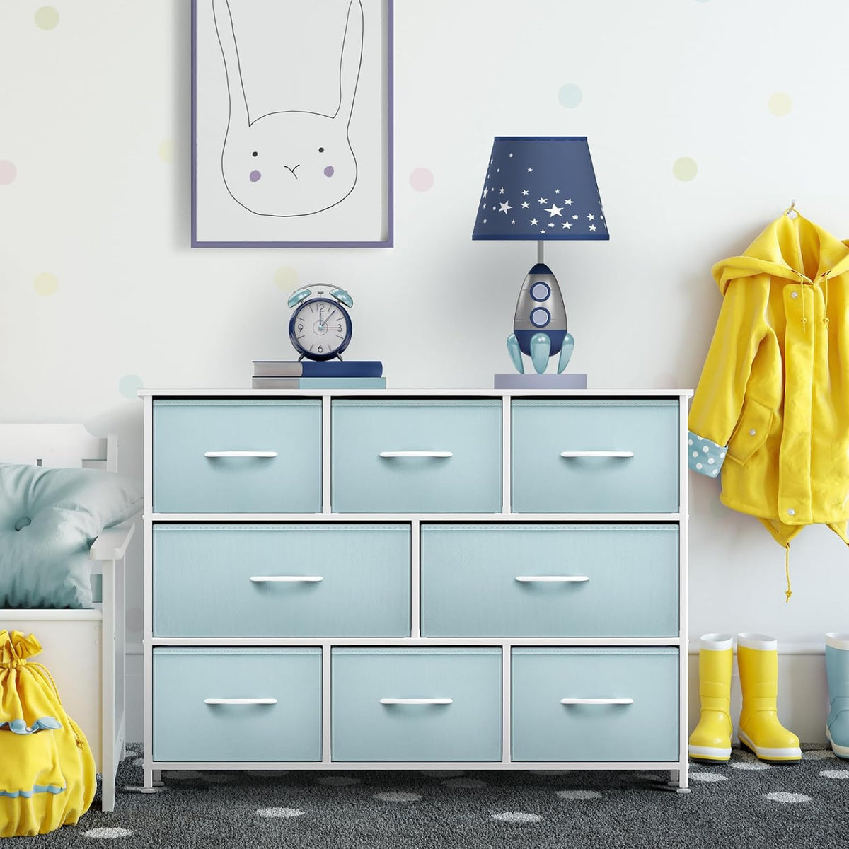 Wide 8-Drawer Dresser, Wood Top & Fabric Drawers (Blue)
