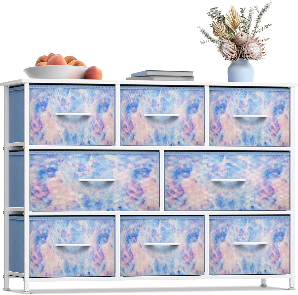 Wide 8-Drawer Dresser, Wood Top & Fabric Drawers (Blue)