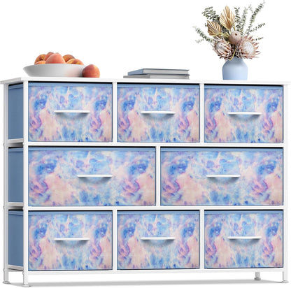 Wide 8-Drawer Dresser, Wood Top & Fabric Drawers (Blue)