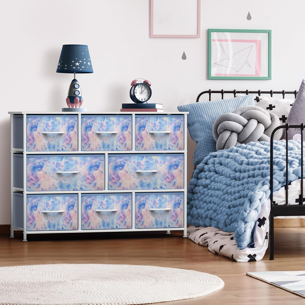 Wide 8-Drawer Dresser, Wood Top & Fabric Drawers (Blue)