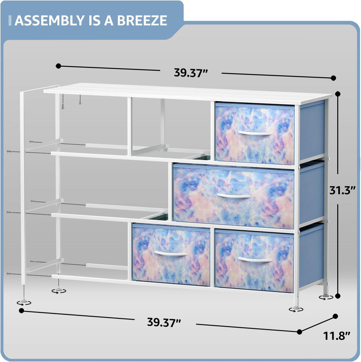 Wide 8-Drawer Dresser, Wood Top & Fabric Drawers (Blue)
