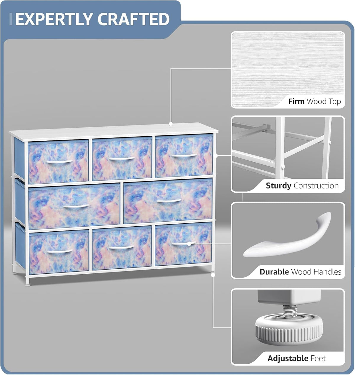 Wide 8-Drawer Dresser, Wood Top & Fabric Drawers (Blue)