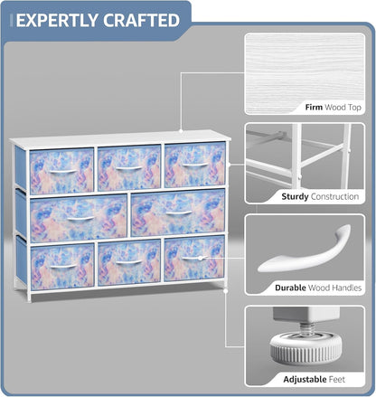 Wide 8-Drawer Dresser, Wood Top & Fabric Drawers (Blue)