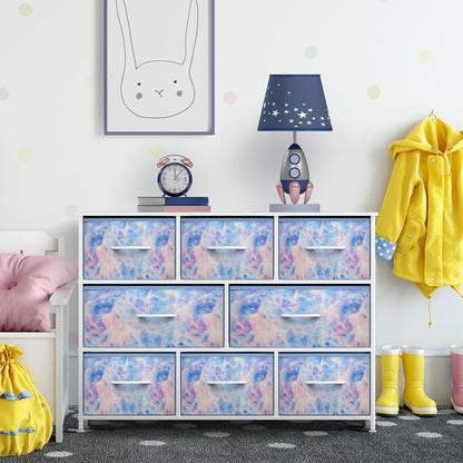 Wide 8-Drawer Dresser, Wood Top & Fabric Drawers (Blue)