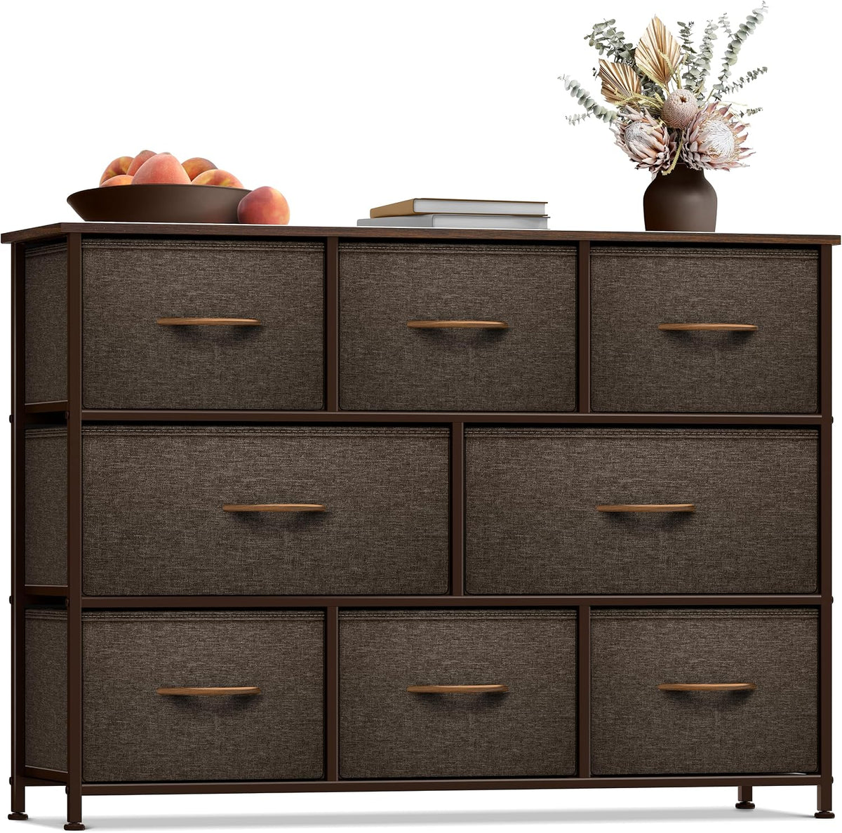 Wide 8-Drawer Dresser, Wood Top & Fabric Drawers (Blue)