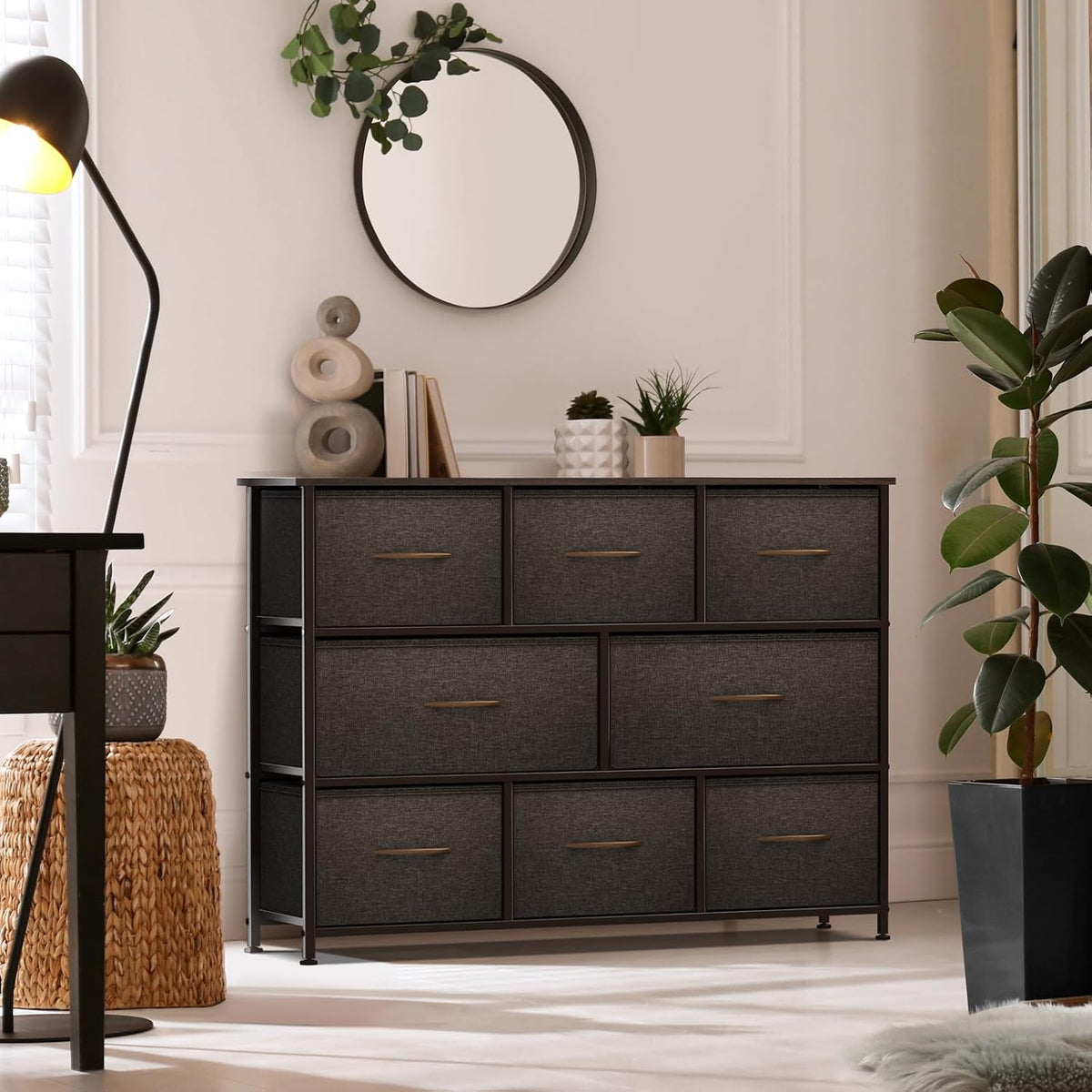 Wide 8-Drawer Dresser, Wood Top & Fabric Drawers (Blue)