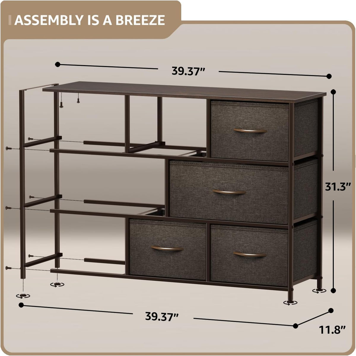 Wide 8-Drawer Dresser, Wood Top & Fabric Drawers (Blue)