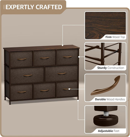 Wide 8-Drawer Dresser, Wood Top & Fabric Drawers (Blue)