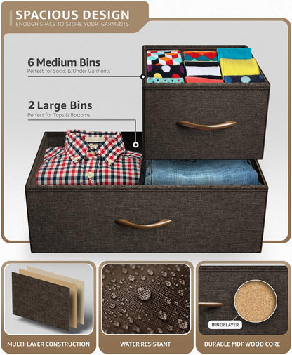 Wide 8-Drawer Dresser, Wood Top & Fabric Drawers (Blue)