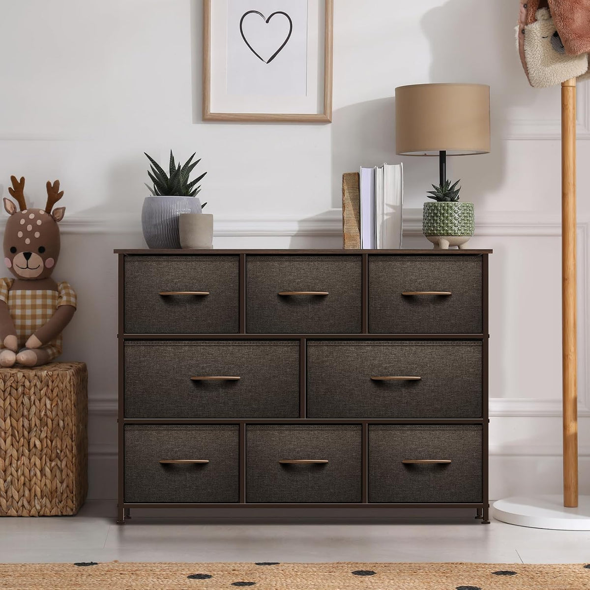 Wide 8-Drawer Dresser, Wood Top & Fabric Drawers (Blue)